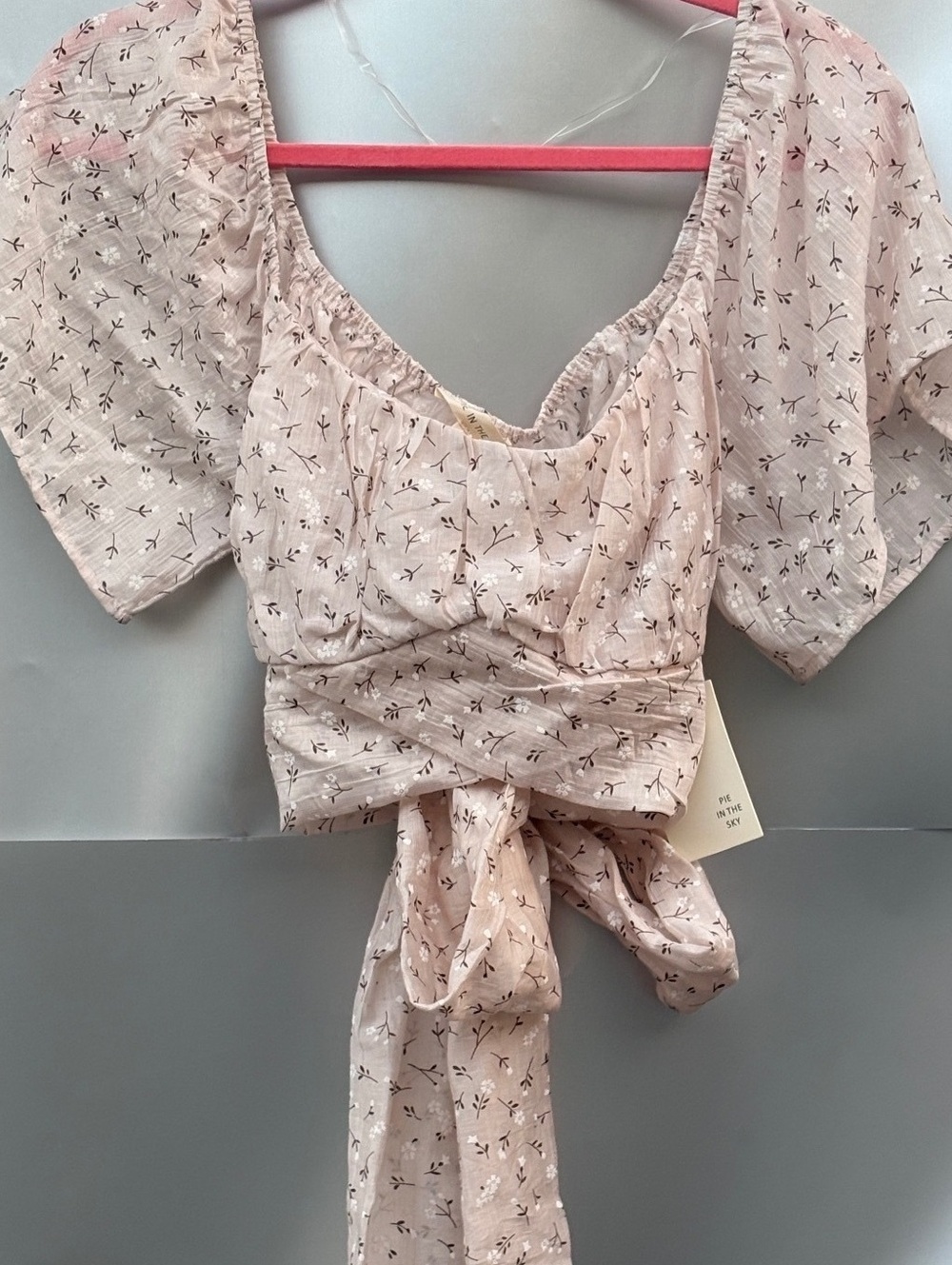 Pie in the Sky Beige Eyelet Crop Top Floral Puff Sleeve Crop Top with Tie Waist